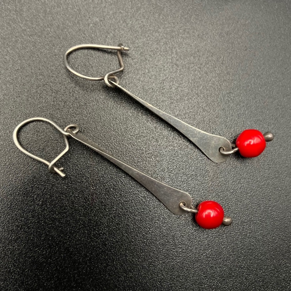 Vintage Taxco Sterling Silver Earrings Red Glass Bead Modernist Dangle 2"